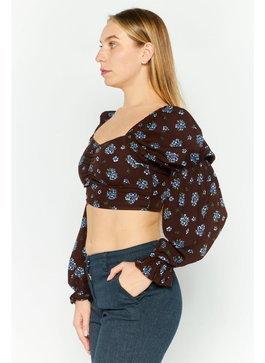 MONKI - Women Square Neckline Long Sleeve Floral Print Top, Dark Brown - Image 1