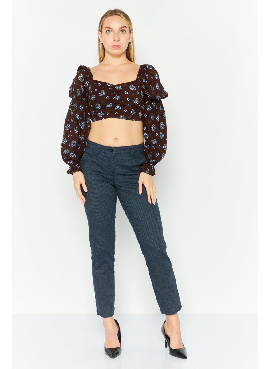 MONKI - Women Square Neckline Long Sleeve Floral Print Top, Dark Brown - Image 1
