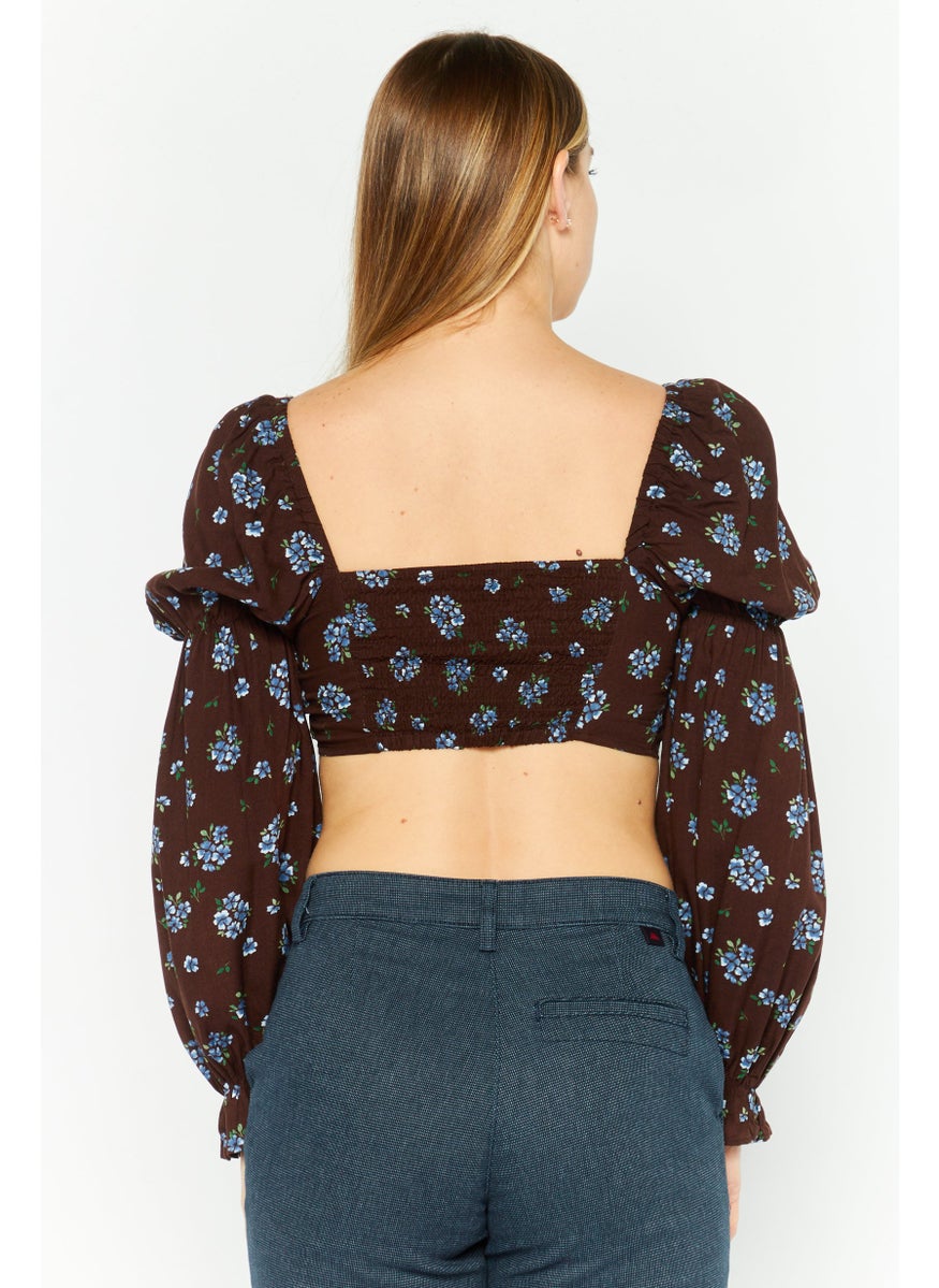 MONKI - Women Square Neckline Long Sleeve Floral Print Top, Dark Brown - Image 1