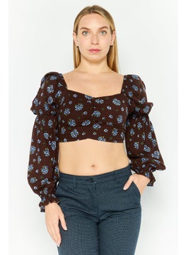 Women Square Neckline Long Sleeve Floral Print Top, Dark Brown