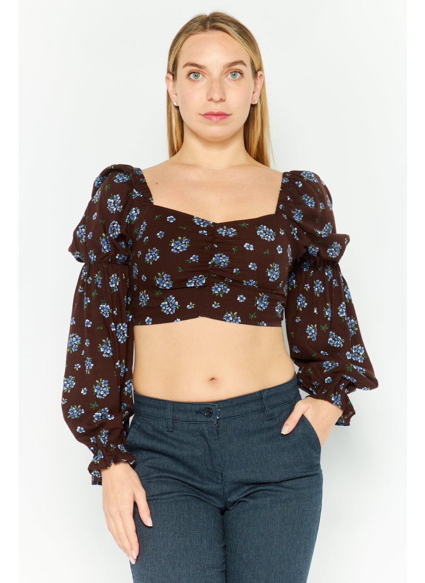MONKI - Women Square Neckline Long Sleeve Floral Print Top, Dark Brown - Image 1