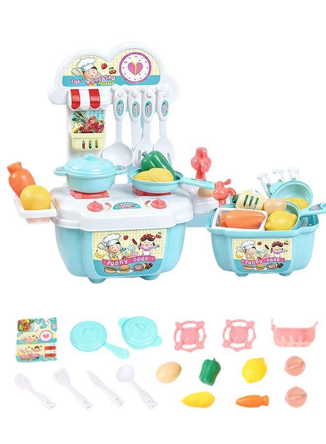 Kitchen Playset 22 PCS Pretend Kitchen Toy  Portable Lightweight Kitchen Toy Games Role Play Cookware Indoor DIY Toy  Kitchen Accessories Early Educational Toys Learning Gift Cooking Toy Set for Boys Girls Kids Children Blue - Image 1
