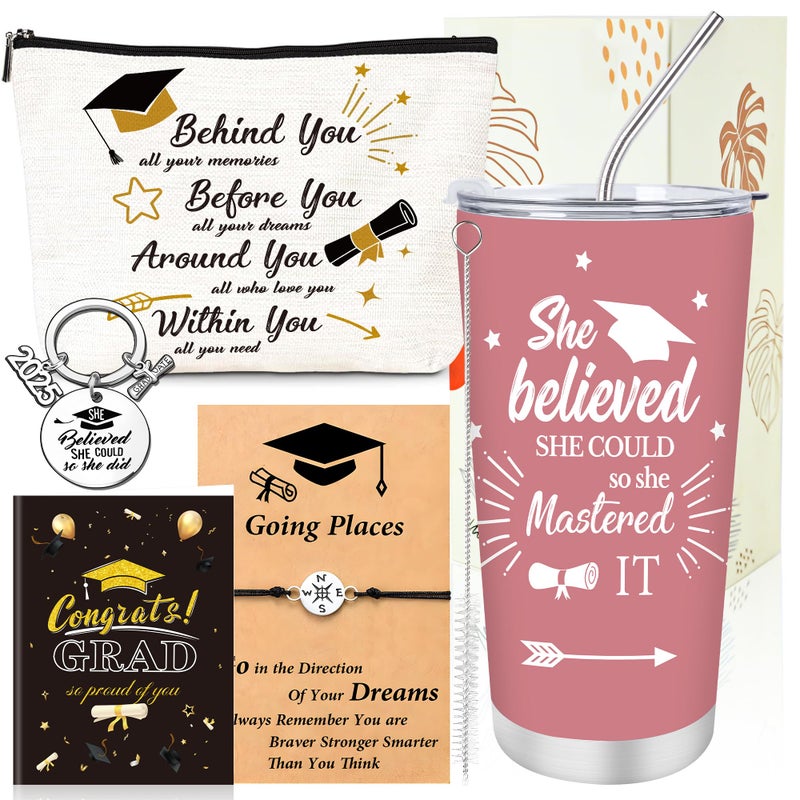 Keluna Graduation Gifts for Her - 5Pcs 2025 Congrats Grad Gifts Set, 20oz Tumbler Keychain Bracelet Makeup Bag Card, High School College Masters Degree PHD Gaduation Gift for Daughter Niece Sisters - Image 1