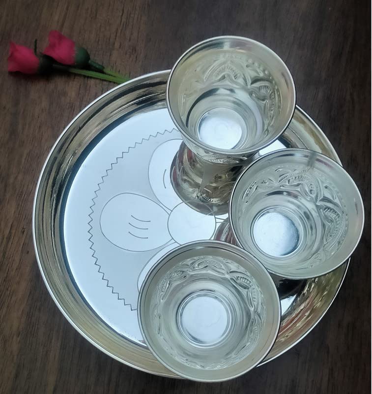 Sigaram German Silver Pooja Thali Set for Home or Festival Decoration Office and Return Gift K2323 Silver Plated 4 Pieces Silver - Image 4