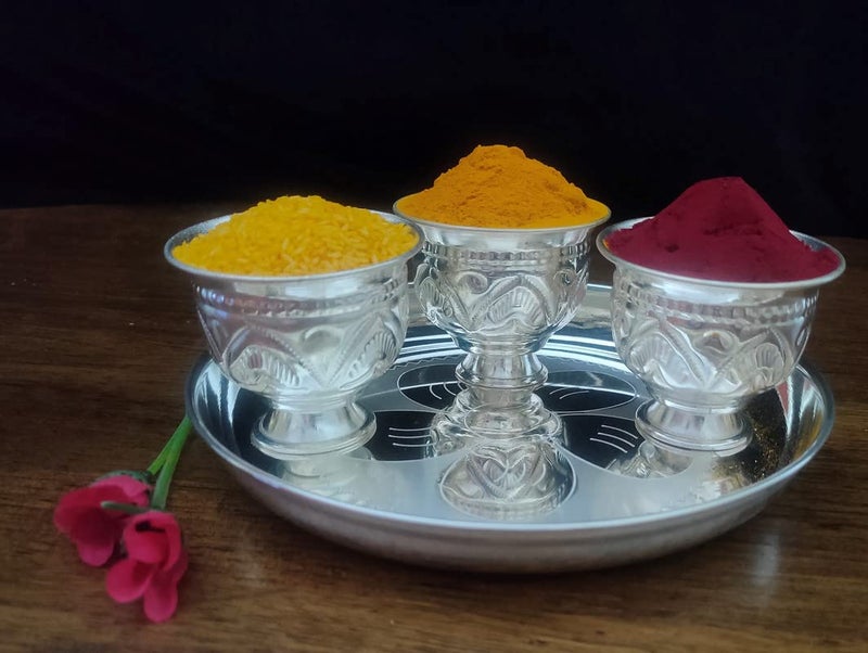 Sigaram German Silver Pooja Thali Set for Home or Festival Decoration Office and Return Gift K2323 Silver Plated 4 Pieces Silver - Image 1