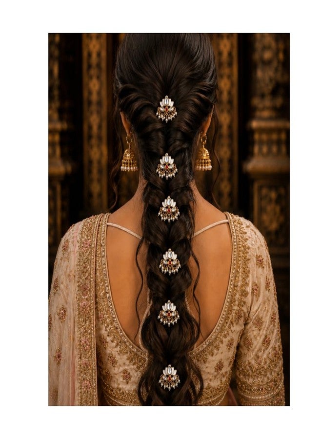NIXTIL Kundan Hair Clips, Bridal Braid Accessories, Traditional Indian Lotus Design with Pearl Drops, Gold Tone - Image 1