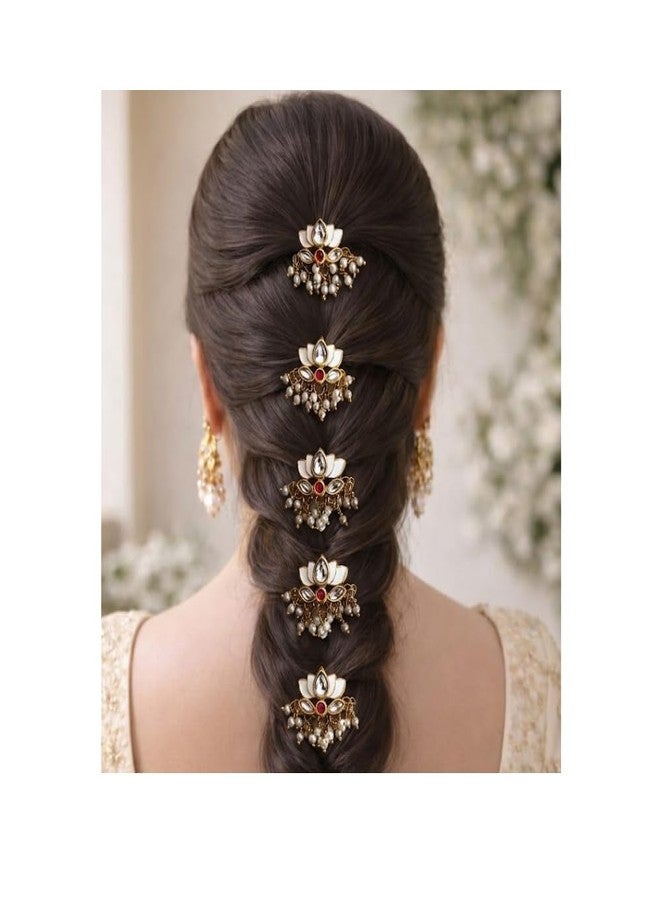 NIXTIL Kundan Hair Clips, Bridal Braid Accessories, Traditional Indian Lotus Design with Pearl Drops, Gold Tone - Image 4
