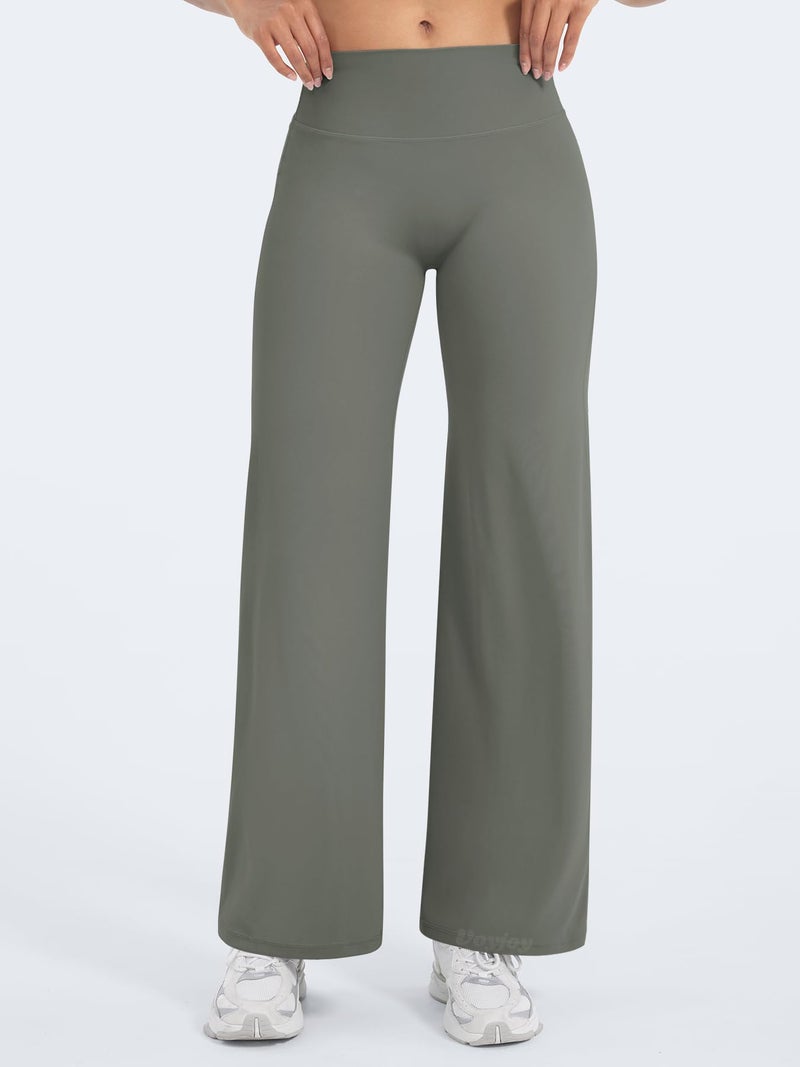 VOYJOY Straight Leggings Bottoms Wide Leg Pants for Women 29"/ 31.5"/33"/35" High Waist Stretch Casual Sweatpants Gray Green - Image 5