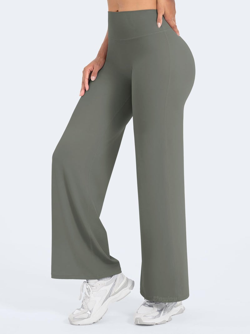 VOYJOY Straight Leggings Bottoms Wide Leg Pants for Women 29"/ 31.5"/33"/35" High Waist Stretch Casual Sweatpants Gray Green - Image 4