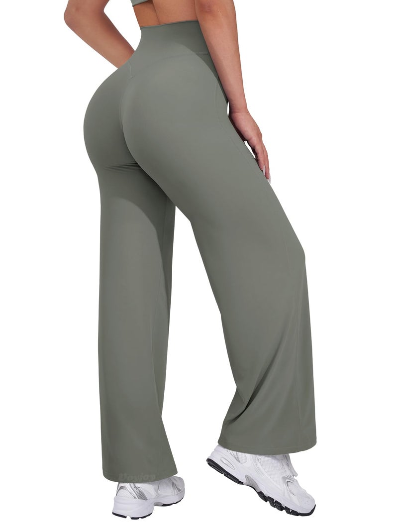 VOYJOY Straight Leggings Bottoms Wide Leg Pants for Women 29"/ 31.5"/33"/35" High Waist Stretch Casual Sweatpants Gray Green - Image 1