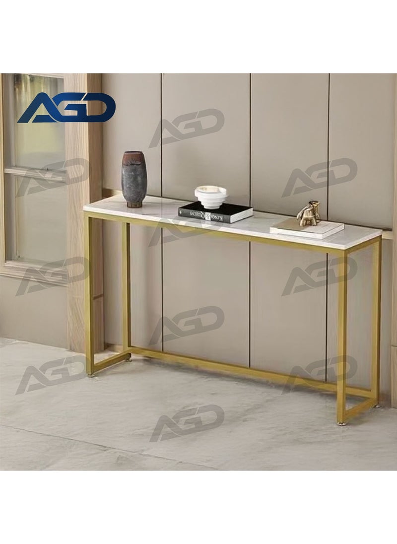 AGD - Modern Side Entryway Table, Narrow Sofa Table, Gold Metal Frame, for Entryway, Living Room, Foyer, Hallway, Office, 100*30*75cm, White/Gold - Image 1