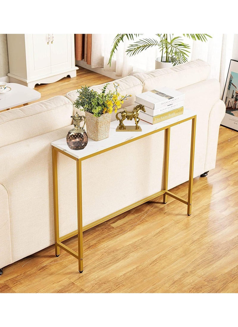 AGD - Modern Side Entryway Table, Narrow Sofa Table, Gold Metal Frame, for Entryway, Living Room, Foyer, Hallway, Office, 100*30*75cm, White/Gold - Image 1
