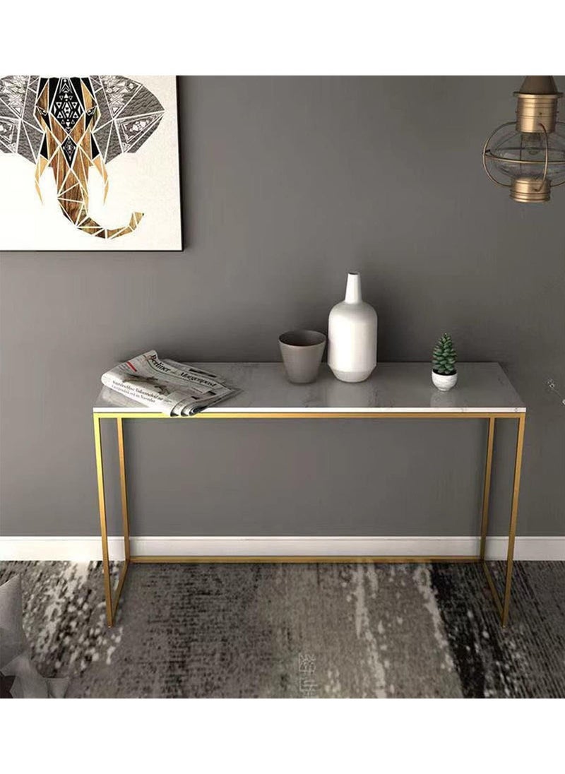AGD - Modern Side Entryway Table, Narrow Sofa Table, Gold Metal Frame, for Entryway, Living Room, Foyer, Hallway, Office, 100*30*75cm, White/Gold - Image 1