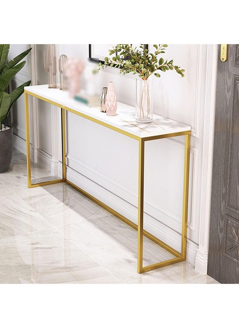 AGD - Modern Side Entryway Table, Narrow Sofa Table, Gold Metal Frame, for Entryway, Living Room, Foyer, Hallway, Office, 100*30*75cm, White/Gold - Image 1