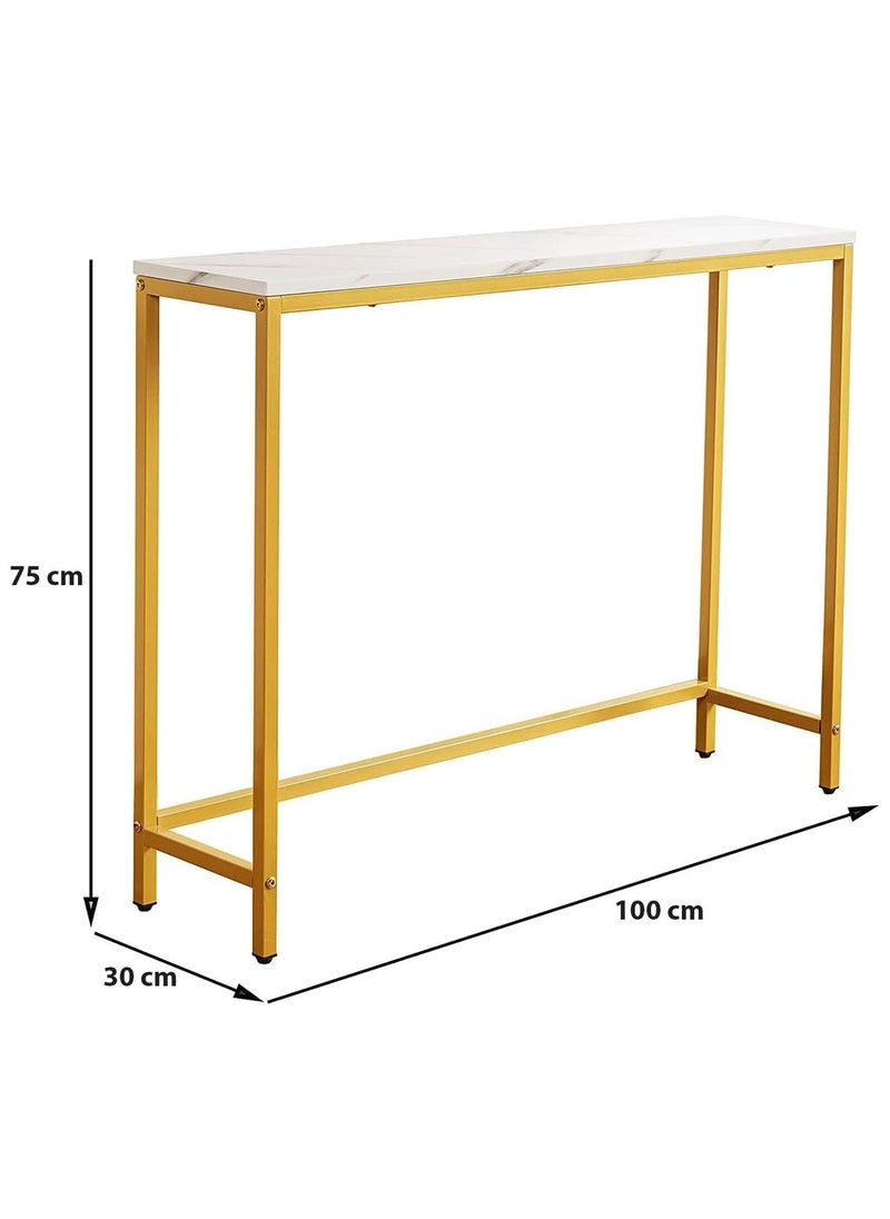 AGD - Modern Side Entryway Table, Narrow Sofa Table, Gold Metal Frame, for Entryway, Living Room, Foyer, Hallway, Office, 100*30*75cm, White/Gold - Image 1