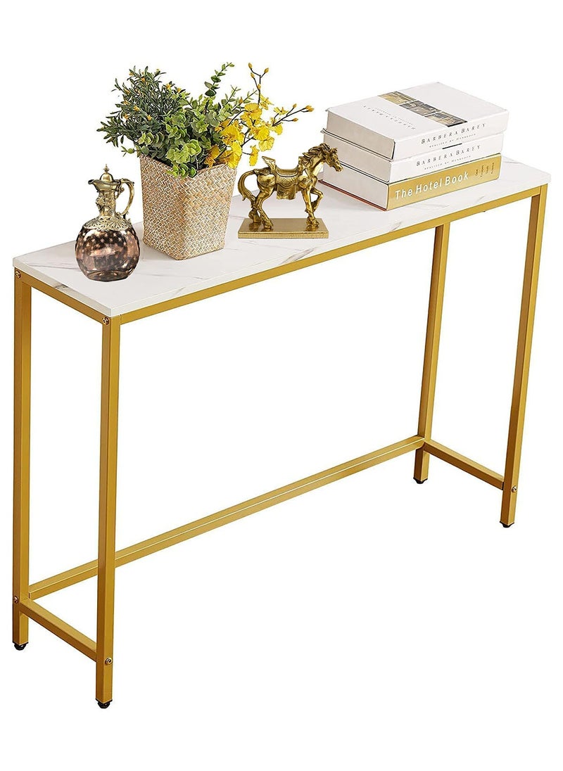 AGD - Modern Side Entryway Table, Narrow Sofa Table, Gold Metal Frame, for Entryway, Living Room, Foyer, Hallway, Office, 100*30*75cm, White/Gold - Image 1