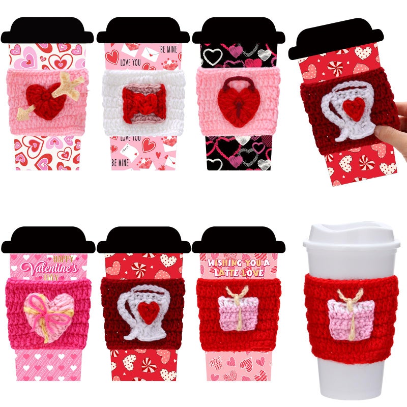 FoldTier 6 Set Valentine's Day Teacher Gifts Crochet Coffee Cup Sleeve with Greeting Card Knitted Cozy Galentine's Day Card Holder for Women Teacher Employee Friend Coworker Staff Party Favors - Image 1