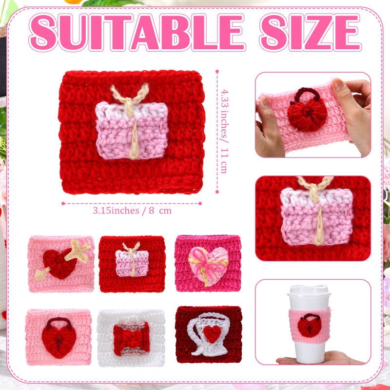 FoldTier 6 Set Valentine's Day Teacher Gifts Crochet Coffee Cup Sleeve with Greeting Card Knitted Cozy Galentine's Day Card Holder for Women Teacher Employee Friend Coworker Staff Party Favors - Image 2