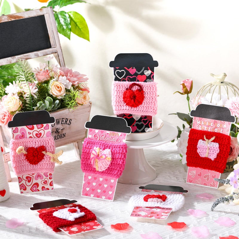 FoldTier 6 Set Valentine's Day Teacher Gifts Crochet Coffee Cup Sleeve with Greeting Card Knitted Cozy Galentine's Day Card Holder for Women Teacher Employee Friend Coworker Staff Party Favors - Image 4