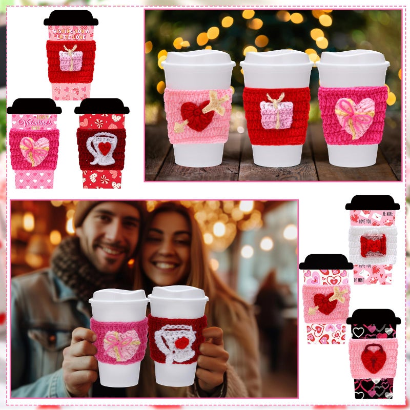 FoldTier 6 Set Valentine's Day Teacher Gifts Crochet Coffee Cup Sleeve with Greeting Card Knitted Cozy Galentine's Day Card Holder for Women Teacher Employee Friend Coworker Staff Party Favors - Image 5