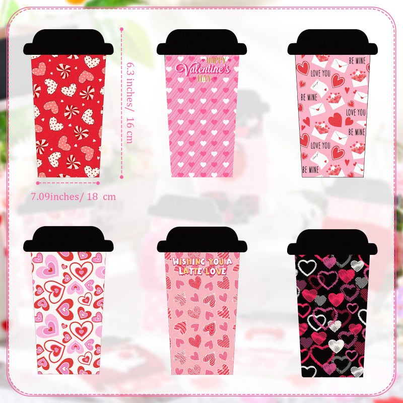FoldTier 6 Set Valentine's Day Teacher Gifts Crochet Coffee Cup Sleeve with Greeting Card Knitted Cozy Galentine's Day Card Holder for Women Teacher Employee Friend Coworker Staff Party Favors - Image 3