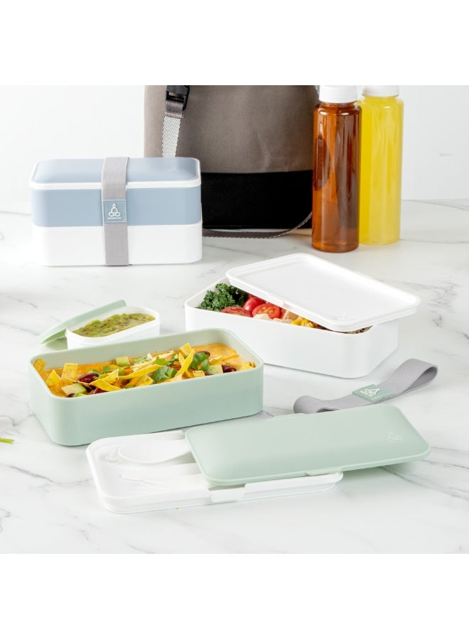 Restaurantware صندوق غداء بنيو تيك 40.5 أونصة قابل للتكديس، حاوية غداء قابلة لإعادة الاستخدام للبالغين - مع أدوات المائدة، وكوب صلصة مضمّن، صندوق غداء بلاستيكي أخضر وأبيض متعدد الطبقات، قابل للاستخدام في الميكروويف، قابل للغسل في غسالة الصحون - Image 4