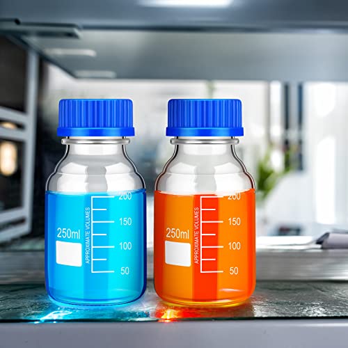 Chuarry 16 Pieces Media Storage Bottles Borosilicate Storage Glass Bottle Scientific Round Graduated Media Bottle with Blue Gl45 Screw Cap for Lab Water Reagent Liquids (250 ml) - Image 5