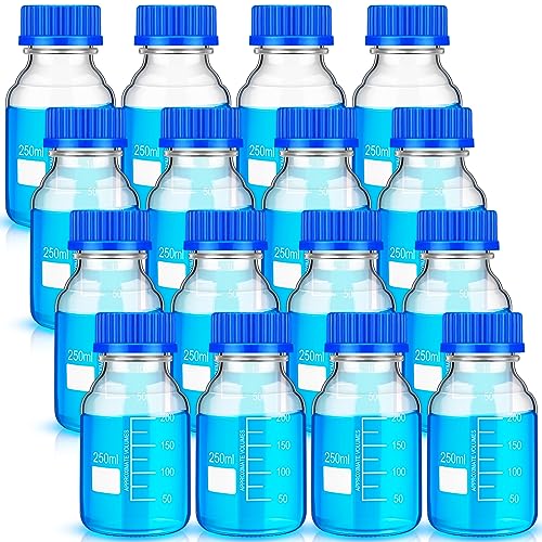 Chuarry 16 Pieces Media Storage Bottles Borosilicate Storage Glass Bottle Scientific Round Graduated Media Bottle with Blue Gl45 Screw Cap for Lab Water Reagent Liquids (250 ml) - Image 1