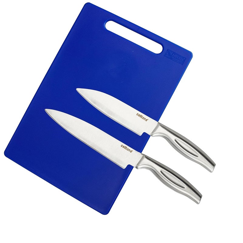 celltone Chopping Board with Chefs Knives Set Stainless Steel Premium Kitchen Knives Chefs Knife Big and SmallPack of 2 Knives Blue - Image 1