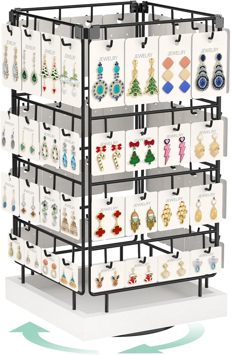 EsLuker.ly Rotating Earring Display Holder Stand for Vendors Events Selling, Large Capacity 64 Hooks Jewelry Rack with Wooden Base for Earring Card Sales, Enhances Retail Display Visibility - Image 1