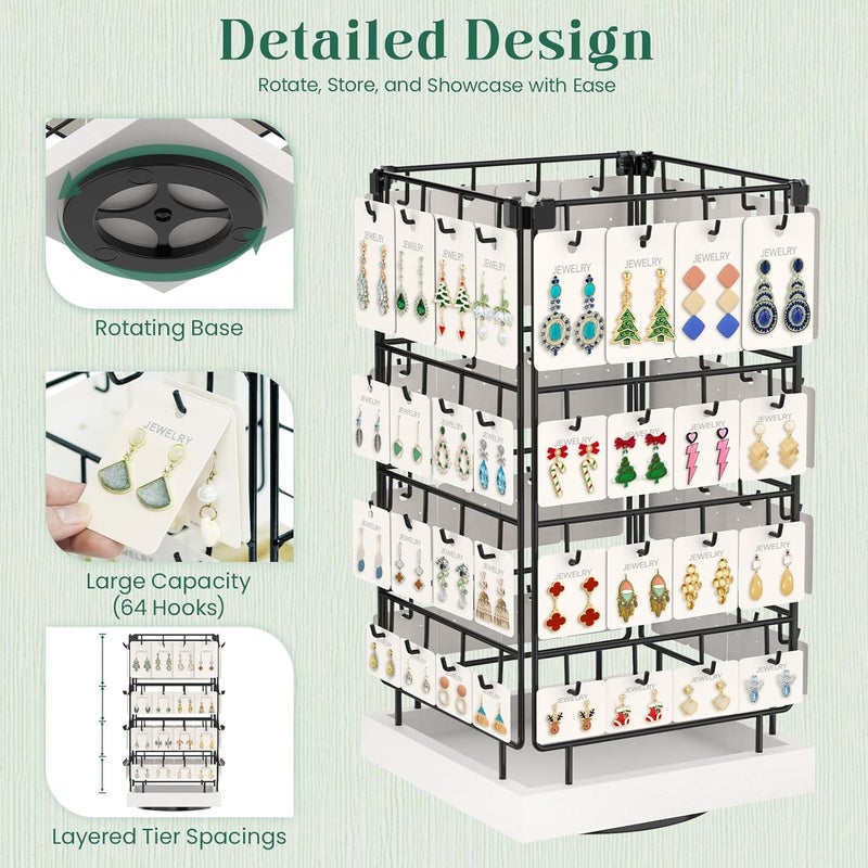 EsLuker.ly Rotating Earring Display Holder Stand for Vendors Events Selling, Large Capacity 64 Hooks Jewelry Rack with Wooden Base for Earring Card Sales, Enhances Retail Display Visibility - Image 2