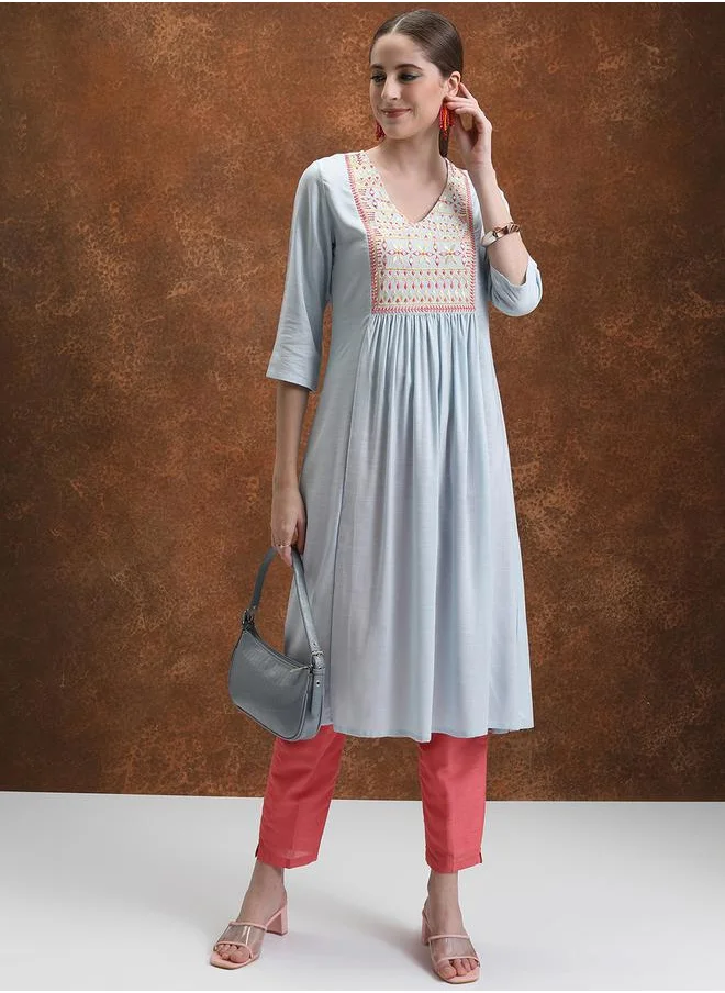 Vishudh Ethnic Motifs Yoke Design Pleated Mirror Work A-Line Kurta by Styli