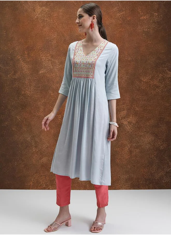 Vishudh Ethnic Motifs Yoke Design Pleated Mirror Work A-Line Kurta by Styli