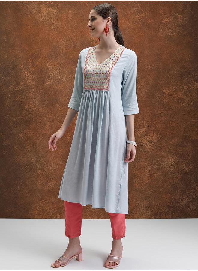 Vishudh Ethnic Motifs Yoke Design Pleated Mirror Work A-Line Kurta by Styli  - Image 2