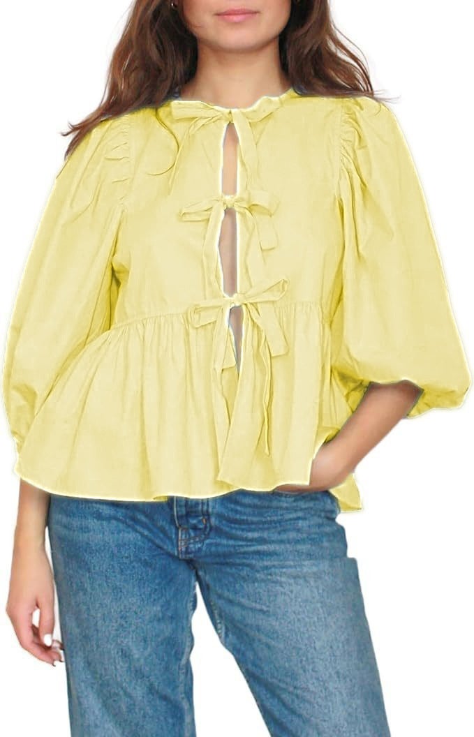 Womens Lace-Up Front Top Leopard Print Ruffled Doll Top 3/4 Length Puff Sleeve pure yellow