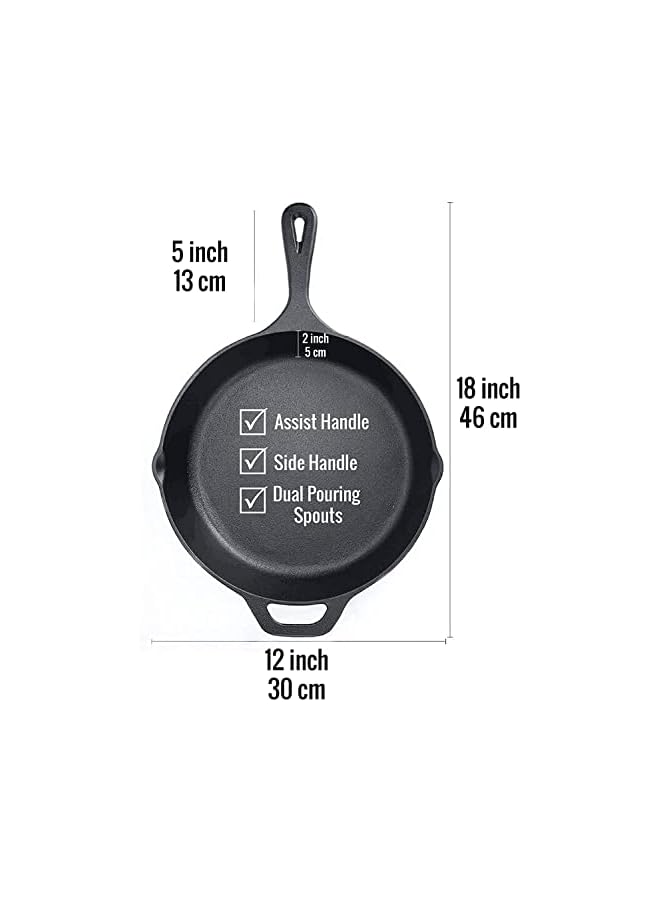 Premify Cast Iron Skillet Pre-Seasoned Skillet/Frying Pan, Black 12 Inch Round Cast Iron Frying Pan - Safe Grill Cookware for indoor & Outdoor Use - Image 2