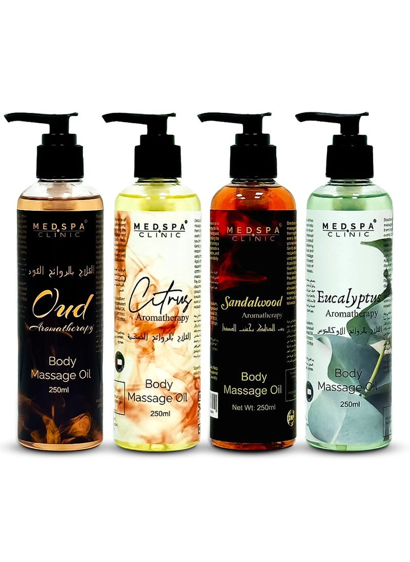 MEDSPACLINIC Sandalwood, Citrus, Oud, Eucalyptus Aromatherapy Body Massage Oil 250ml each Combo Pack  - Image 1