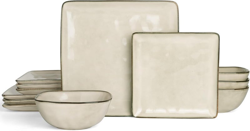 Famiware Dinnerware Sets for 4 Ocean Square 12Piece Kitchen Plates and Bowls Sets Microwave and Dishwasher Safe Scratch Resistant Light khaki - Image 1