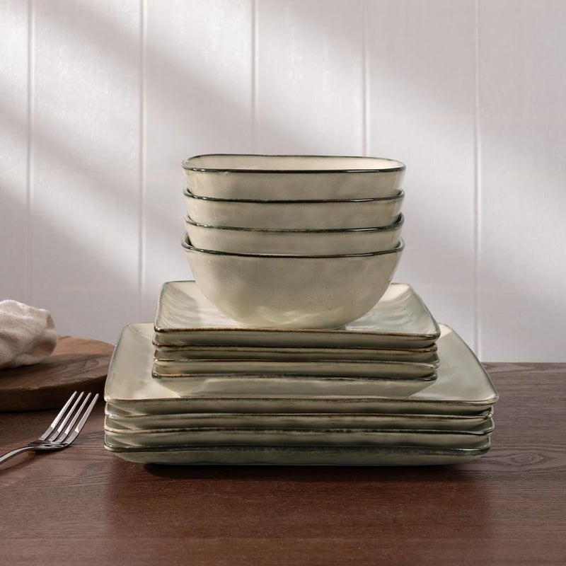 Famiware Dinnerware Sets for 4 Ocean Square 12Piece Kitchen Plates and Bowls Sets Microwave and Dishwasher Safe Scratch Resistant Light khaki - Image 3