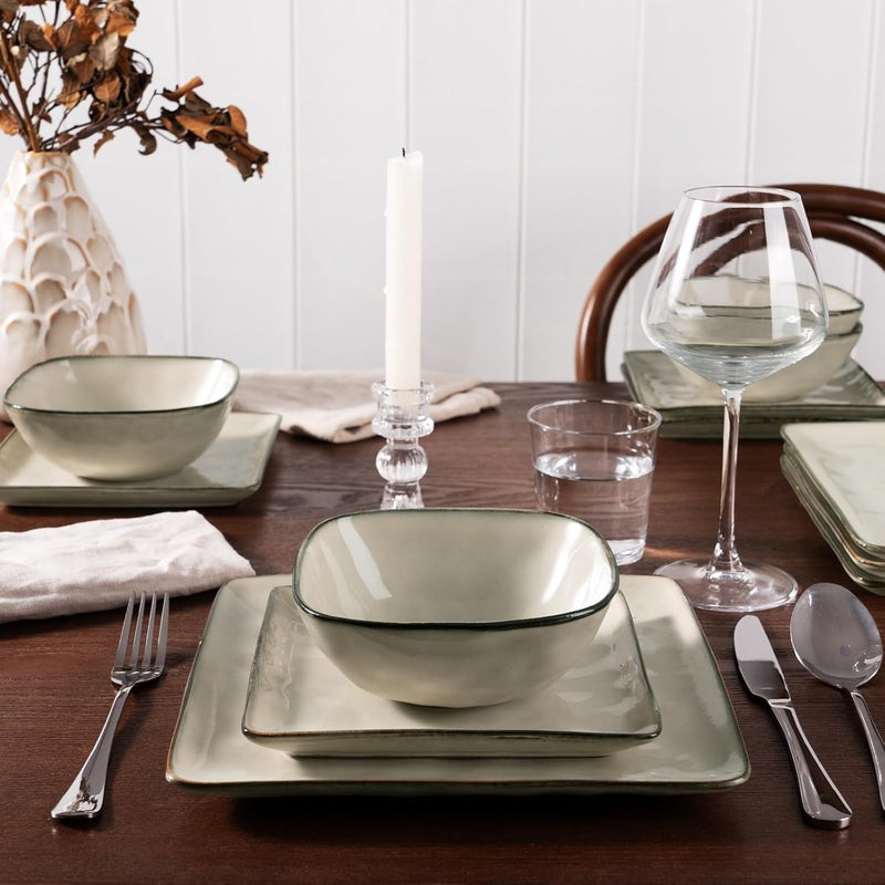 Famiware Dinnerware Sets for 4 Ocean Square 12Piece Kitchen Plates and Bowls Sets Microwave and Dishwasher Safe Scratch Resistant Light khaki - Image 2
