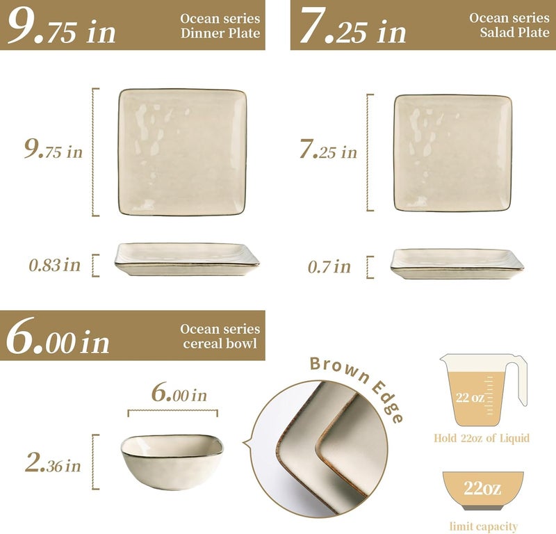 Famiware Dinnerware Sets for 4 Ocean Square 12Piece Kitchen Plates and Bowls Sets Microwave and Dishwasher Safe Scratch Resistant Light khaki - Image 4
