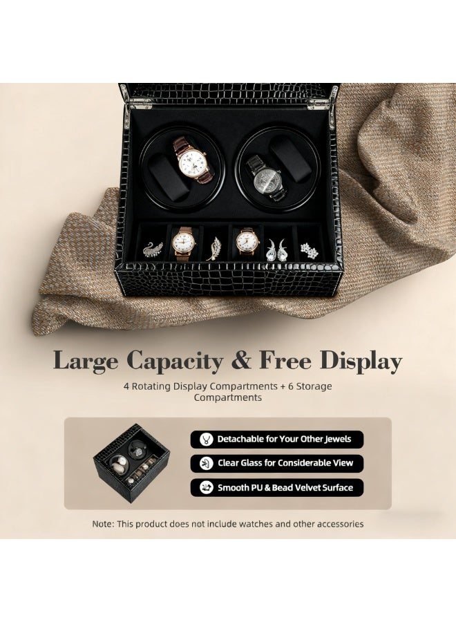 كيل › صندوق تلقائي لتدوير الساعات 4+6 فتحات: محرك مزدوج هادئ من مابوتشي لتدوير الساعات مع حقيبة تخزين كلاسيكية من الجلد الأسود للرجال والنساء - يشمل محول تيار متردد - Image 5