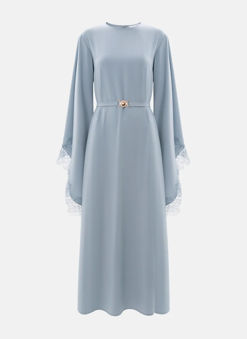 Lichi Satin maxi dress with lace on the sleeves and matching sash belt