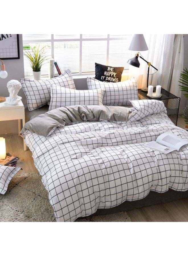 XiuWoo 4-Piece Checked Pattern Bedding Set Polyester White/Black - Image 3