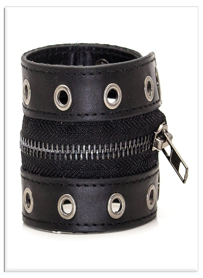 Xusamss Punk Alloy Zipper Wristband Pu Leather Cuff Bracelet(Black) - Image 2