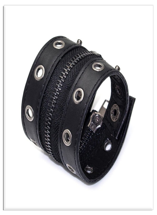 Xusamss Punk Alloy Zipper Wristband Pu Leather Cuff Bracelet(Black) - Image 3