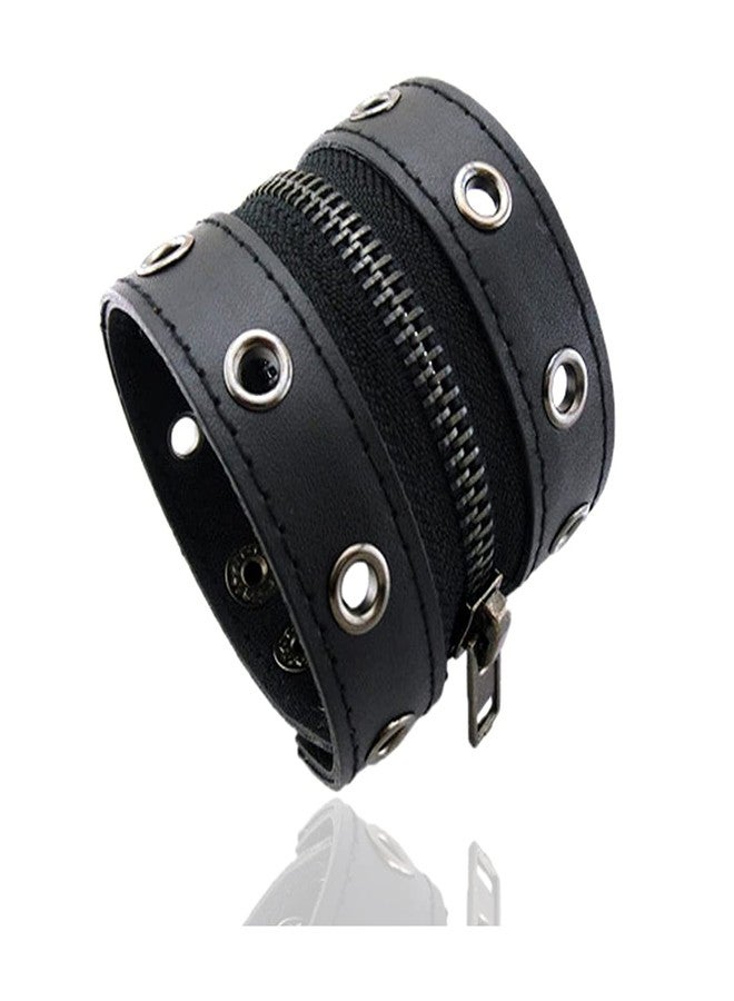 Xusamss Punk Alloy Zipper Wristband Pu Leather Cuff Bracelet(Black) - Image 1