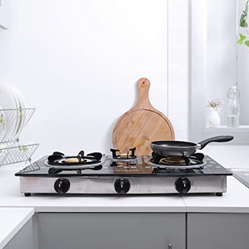 Triple Burner Cooktop OMK2224 with Auto Ignition System, 8mm Tempered Glass Top, Cast Iron Burners, Stainless Steel Drip Tray, Easy Clean Design, Heavy Vessel Support, Black - Image 2