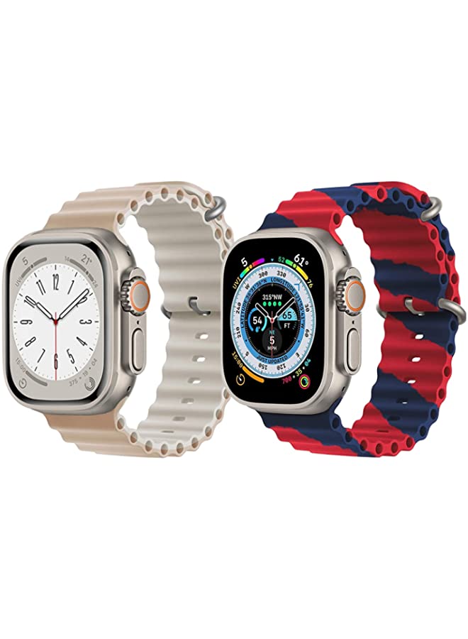 IAF Silicone Ocean Band Strap for Apple Watch Ultra 8 49mm Beige/White Double Side Strap with Red/Blue Double Line Strap Set of 2