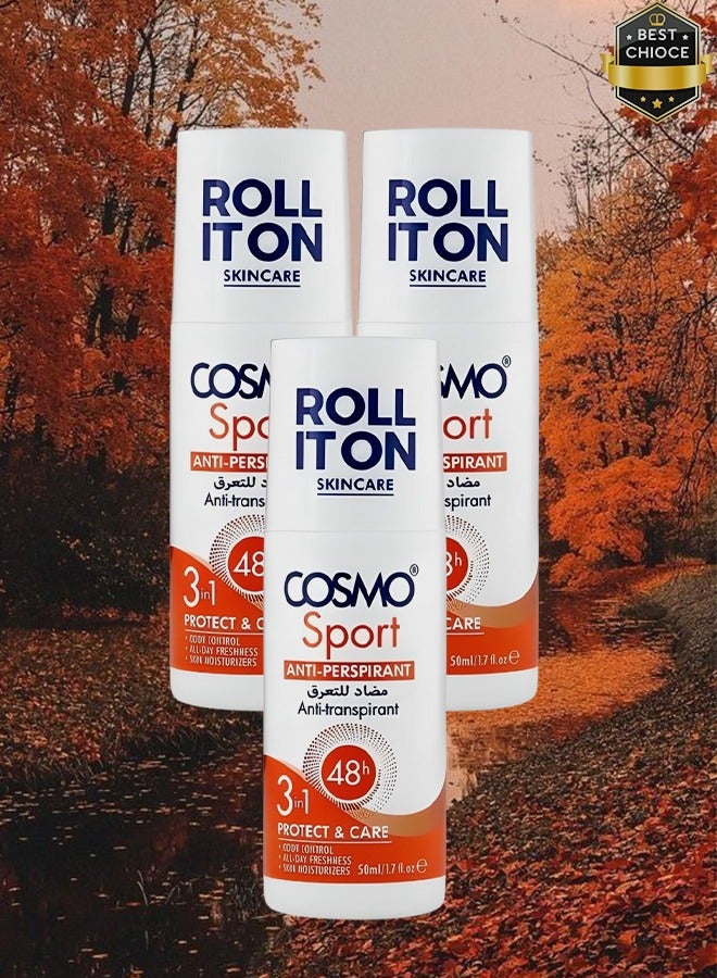 COSMO 3 Pieces Roll It On Sport Anti Perspirant Anti Transpirant 3 In 1 48 Hours Protect & Care 50ml  - Image 1